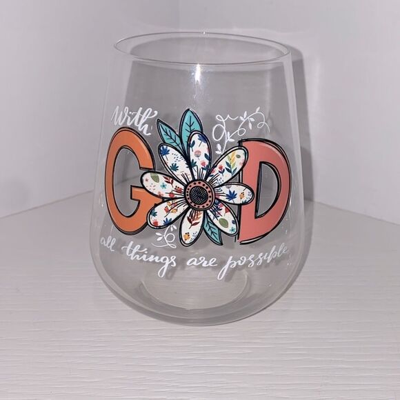 Inspirational Floral Stemless Wine Glass Set With God All Things Are Possible - Picture 4 of 4